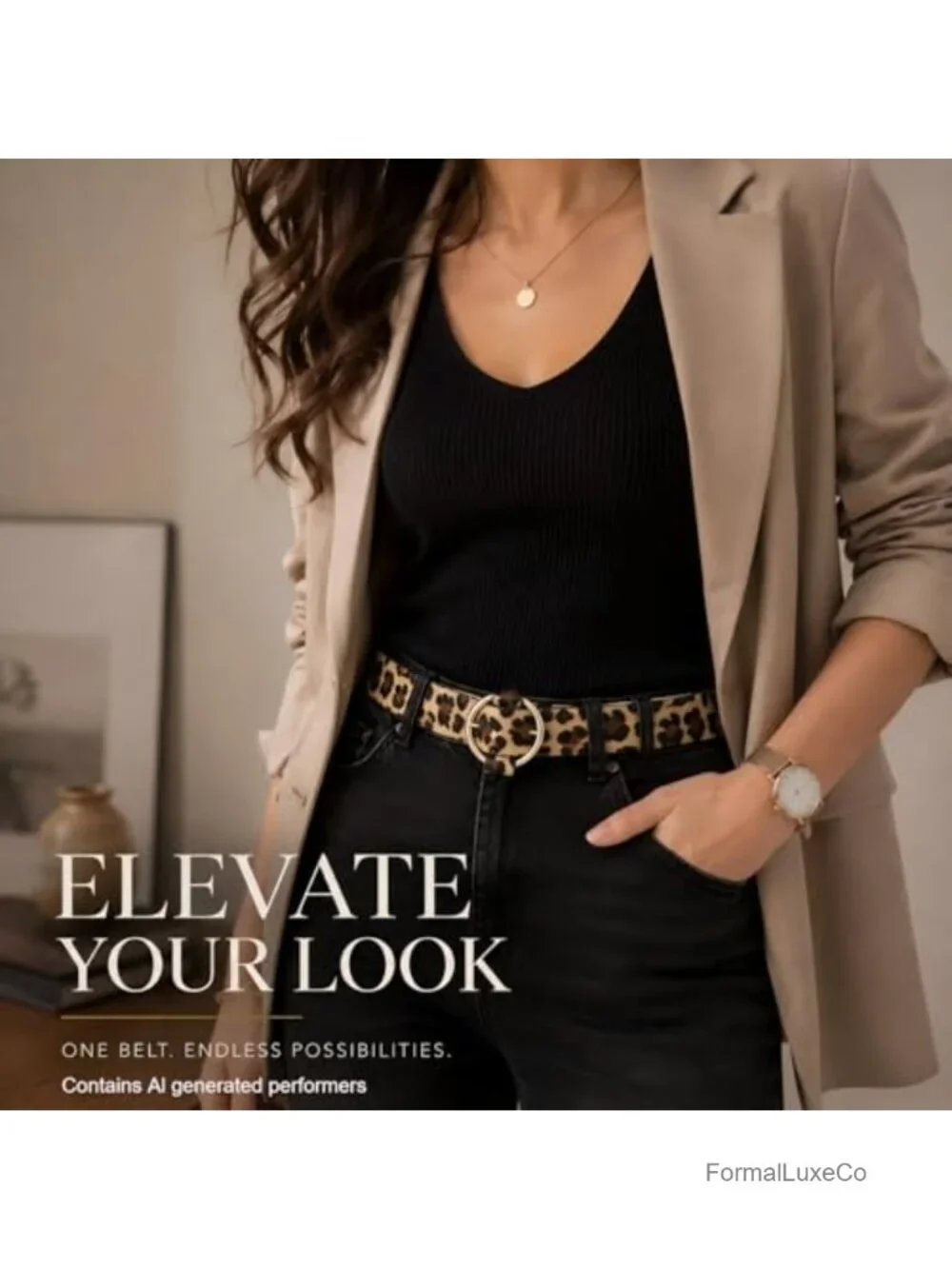 Women's Leopard Print Faux Leather Belt, No-Hole Adjustable O-Ring